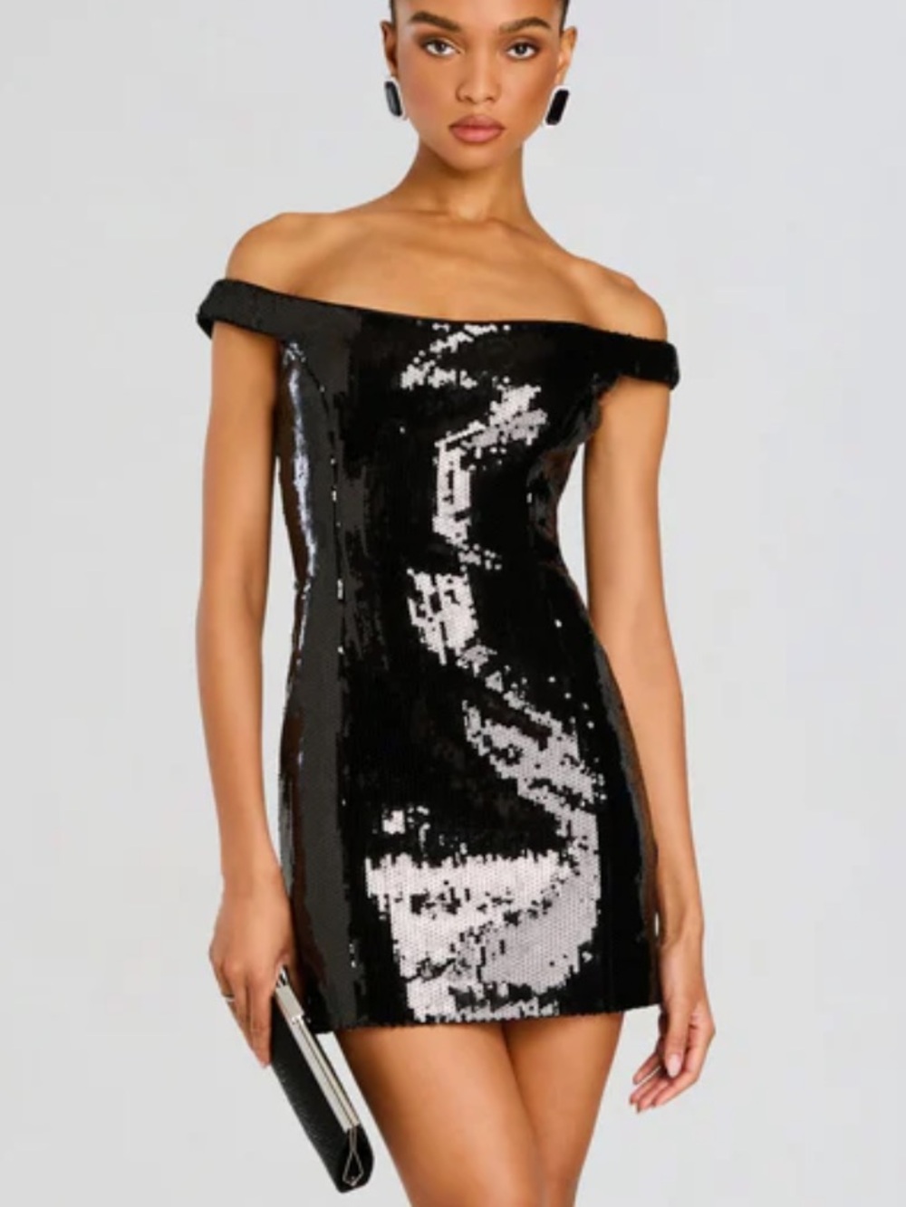 Retrofete Dannie Sequin Dress Off-Shoulder Black Sequin Mini Dress Sz S